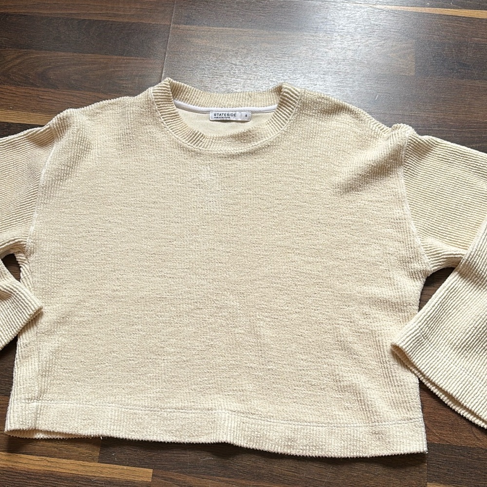 Stateside Cream Ribbed Knit‎ Cropped Sweatshirt Bell Sleeve Small Made in USA - Picture 7 of 7